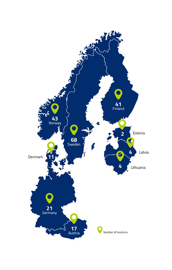 Infograf av Caverions kontor runt om i Europa